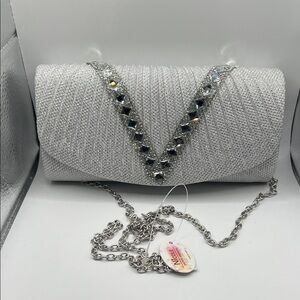 695. Silver Rhinestone Clutch with Crossbody Chain